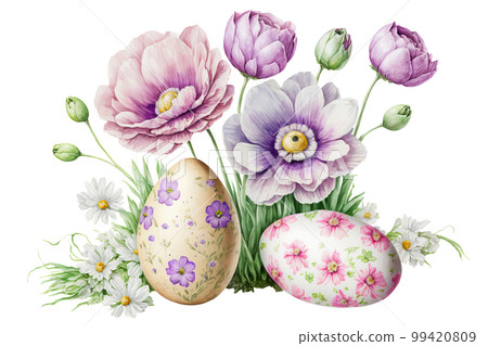 Easter floral arrangement with spring flowers and easter eggs isolated on white. Generative AI illustration 99420809