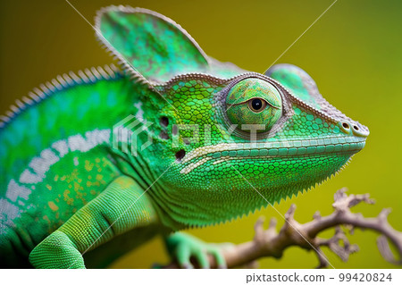 Close-up portrait of a chameleon with bright exotic skin in green colors. Generative AI illustration 99420824
