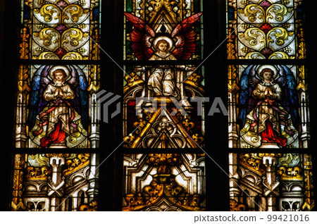 Stained glass window detail in Cluj Napoca. Saint Michael church, Romania 99421016