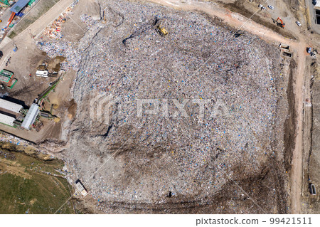 Aerial view of large landfill. Waste garbage dump, environmental pollution Aerial view of large landfill. Waste garbage dump, environmental pollution 99421511