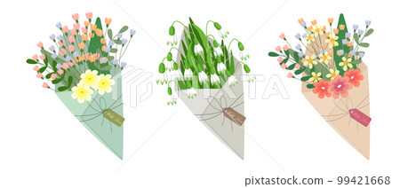 Spring bouquets of flowers in paper envelopes with labels. Set of holiday icons for mother's day, March 8. Flat style illustration, vector 99421668