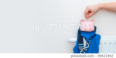 Piggy bank on radiator. Heating cost concept 99421942