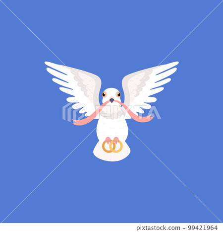 White flying pigeon with ribbon in beak and wedding rings in paws flat style White flying pigeon with ribbon in beak and wedding rings in paws flat style 99421964