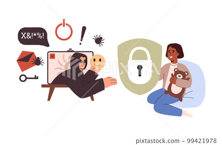 Happy little girl with bear toy protected from strangers on internet flat style 99421978