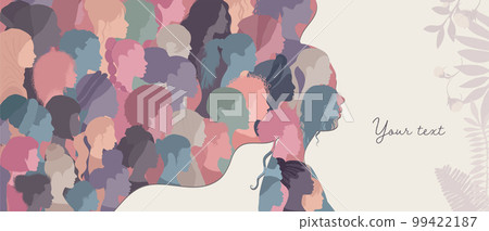 Woman face silhouette in profile with group of multicultural women faces inside. Womens day concept. Concept of racial equality anti-racism and a woman who gives voice to other women 99422187
