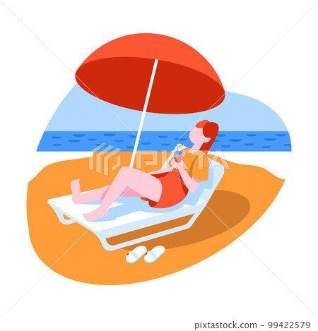 Woman Tourist Character Sunbathing on Deck Chair Under Umbrella at Sea Shore on Vacation Trip or Journey Vector Illustration 99422579
