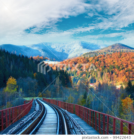 Railway on bridge and first autumn snow Railway on bridge and first autumn snow 99422643