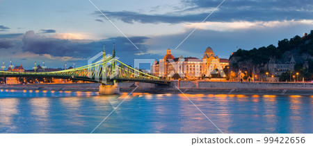 Budapest night view. Long exposure. Hungarian landmarks, Freedom Bridge and Gellert Hotel Palace. Budapest night view. Long exposure. Hungarian landmarks, Freedom Bridge and Gellert Hotel Palace. 99422656