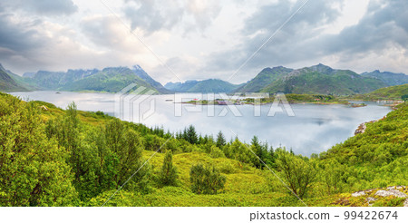 Lofoten fjord and mountains summer cloudy landscape, Norway. Panorama. Lofoten fjord and mountains summer cloudy landscape, Norway. Panorama. 99422674