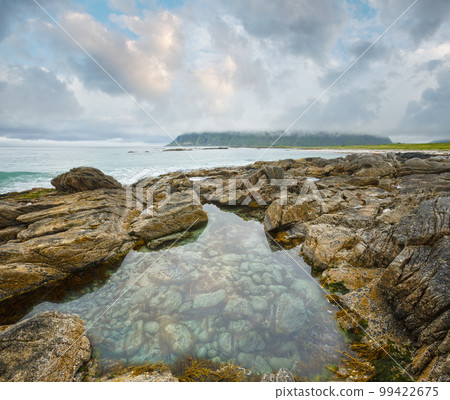 Summer cloudy view of the beach with pool in middle of stones ( Ramberg, Norway, Lofoten). 99422675
