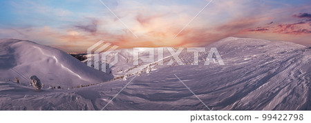 Snow covered fir trees on snowy mountain plateau, tops with snow cornices in far. Magnificent sunny day on picturesque beautiful alps ridge. High resolution panorama. 99422798