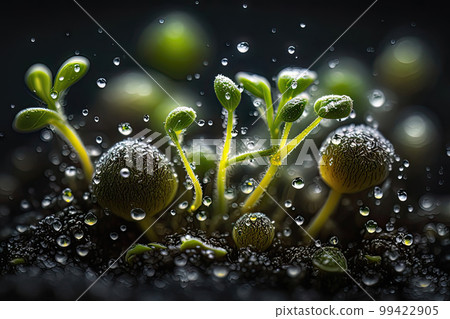 AI generated sprouted seedlings in soil, seedling sprouts, home gardening, selective focus 99422905