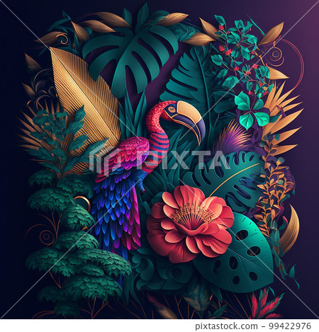 Jewel-toned jungle motifs background with neon lights. AI generated 99422976