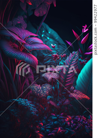 Jewel-toned jungle motifs background with neon lights. AI generated Jewel-toned jungle motifs background with neon lights. AI generated 99422977