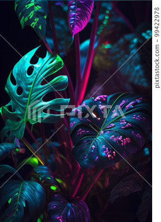 Jewel-toned jungle motifs background with neon lights. AI generated 99422978