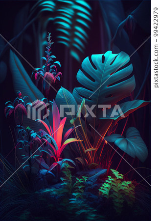 Jewel-toned jungle motifs background with neon lights. AI generated 99422979