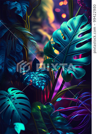 Jewel-toned jungle motifs background with neon lights. AI generated 99422980
