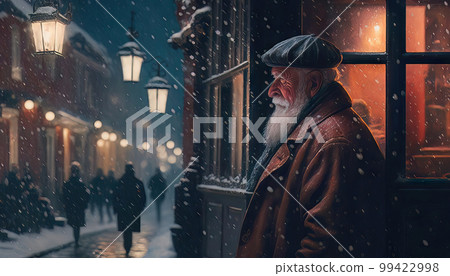 AI generated snowy village scene with twinkling lights in the windows and a warm glow emanating from the fireplace in each house AI generated snowy village scene with twinkling lights in the windows and a warm glow emanating from the fireplace in each house 99422998