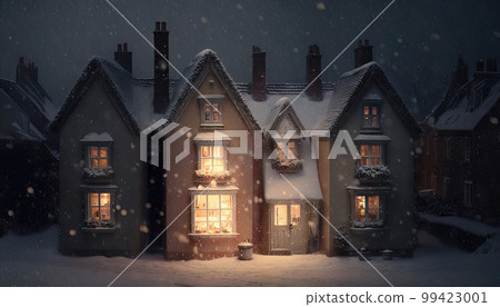 AI generated snowy village scene with twinkling lights in the windows and a warm glow emanating from the fireplace in each house 99423001