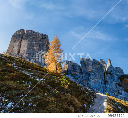 Autumn Dolomites mountain scene, Sudtirol, Italy. Cinque Torri (Five towers) rock formation. 99423121