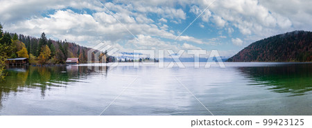 Mountain alpine autumn overcast evening lake Walchensee view, Kochel, Bavaria, Germany. Mountain alpine autumn overcast evening lake Walchensee view, Kochel, Bavaria, Germany. 99423125