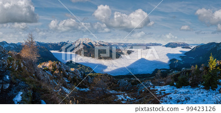 Autumn Alps mountain misty morning view from Jenner Viewing Platform, Schonau am Konigssee, Berchtesgaden national park, Bavaria, Germany. 99423126