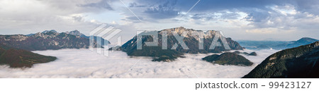 Autumn Alps mountain misty morning view from Jenner Viewing Platform, Schonau am Konigssee, Berchtesgaden national park, Bavaria, Germany. Autumn Alps mountain misty morning view from Jenner Viewing Platform, Schonau am Konigssee, Berchtesgaden national park, Bavaria, Germany. 99423127