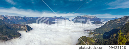 Autumn Alps mountain misty morning view from Jenner Viewing Platform, Schonau am Konigssee, Berchtesgaden national park, Bavaria, Germany. Autumn Alps mountain misty morning view from Jenner Viewing Platform, Schonau am Konigssee, Berchtesgaden national park, Bavaria, Germany. 99423128