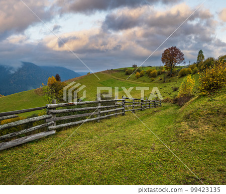 Cloudy and foggy day autumn mountains scene. Peaceful picturesque traveling, seasonal, nature and countryside beauty concept scene. Carpathian Mountains, Ukraine. 99423135