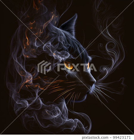 Kennels of muzzle of black cat with orange eyes are dissolving in smoke on black. Fantastic unusual background, magical original amazing wallpaper 99423171