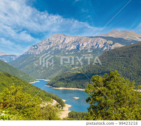 Piva Lake (Pivsko Jezero) and Pluzine town view in Montenegro. 99423218