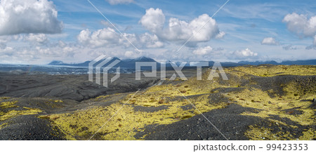 Iceland autumn tundra landscape near Haoldukvisl glacier, Iceland. Glacier tongue slides from the Vatnajokull icecap or Vatna Glacier near subglacial Esjufjoll volcano. Not far from Iceland Ring Road. 99423353