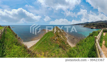 Summer Atlantic ocean (Biscay bay) coastline landscape. Ermita de La Regalina, Cadavedo, Asturias, Spain. 99423367