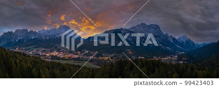 Autumn night Cortina d'Ampezzo Dolomites mountain town, Belluno, Italy. Autumn night Cortina d'Ampezzo Dolomites mountain town, Belluno, Italy. 99423403
