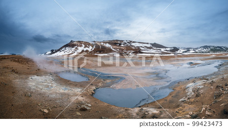 The Namafjall Geothermal Area, Iceland, on the east side of Lake Myvatn. At this area, also known as Hverir, are many smoking fumaroles, boiling mud pots and sulphur crystals. 99423473