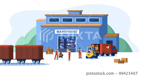 Flat warehouse logistics building with cargo transport, workers and cardboard boxes 99423487