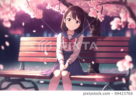 A girl sitting on a bench with cherry blossoms A girl sitting on a bench with cherry blossoms 99423768