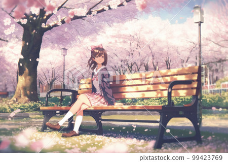 A girl sitting on a bench with cherry blossoms A girl sitting on a bench with cherry blossoms 99423769