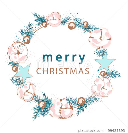 Wreath with cotton flowers and branches. Christmas round decor. Vector Wreath with cotton flowers and branches. Christmas round decor. Vector 99423893