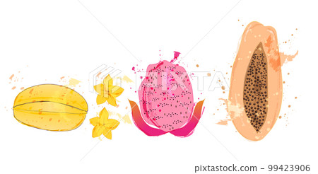 Papaya, dragon fruit and starfruit vector. Exotic fruits watercolors splash Papaya, dragon fruit and starfruit vector. Exotic fruits watercolors splash 99423906