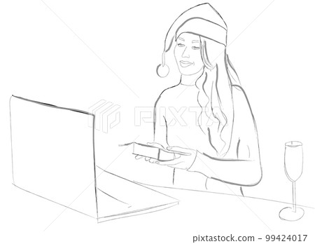 Woman at a laptop celebrating Christmas online meeting Vector Woman at a laptop celebrating Christmas online meeting Vector 99424017