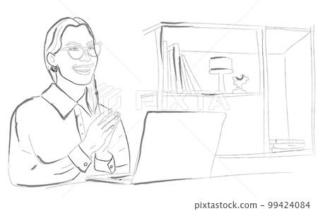 Woman having an online meeting in the office Vector Woman having an online meeting in the office Vector 99424084