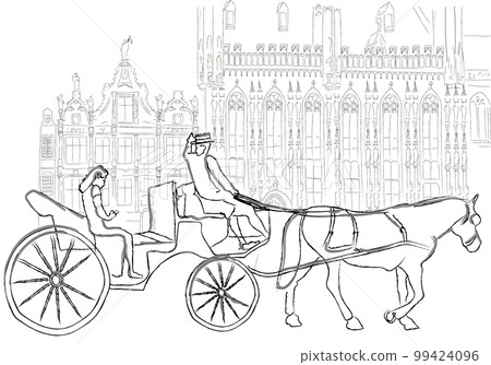 Woman tourist traveling in the city in a horse carriage Vector line arts 99424096