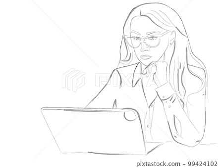 Business lady working on tablet vector line arts Business lady working on tablet vector line arts 99424102
