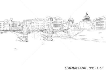 Rome city vector sketch. Vintage style with St Angelo Bridge on Tiber River views Rome city vector sketch. Vintage style with St Angelo Bridge on Tiber River views 99424155