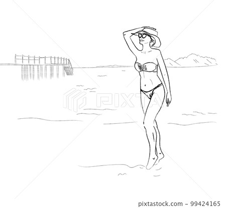 Woman at the beach vector line art illustration banner posters 99424165