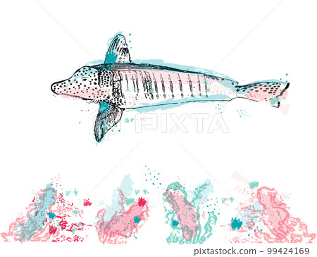 Blue fish and corals watercolor vector isolated red sea underwater species illustrations 99424169