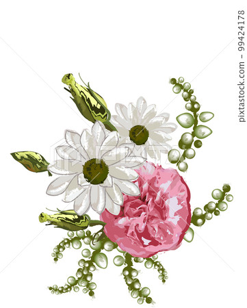Daisy and peony watercolor flower bouquet wedding card isolated vector illustrations Daisy and peony watercolor flower bouquet wedding card isolated vector illustrations 99424178