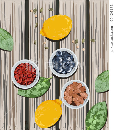 Lemon and blueberry watercolor vector. Mock up template. Wood background. Healthy cuisines 99424181