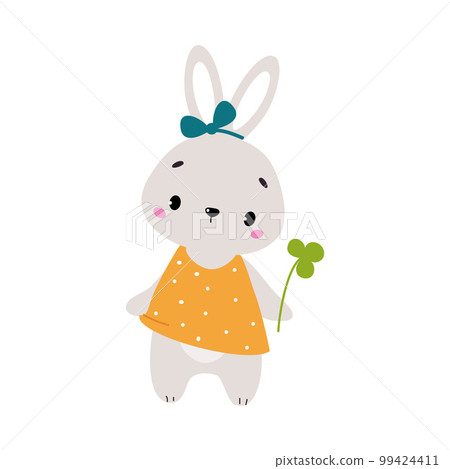 Cute Grey Bunny Character in Dress with Bow Holding Trefoil Stalk Vector Illustration Cute Grey Bunny Character in Dress with Bow Holding Trefoil Stalk Vector Illustration 99424411